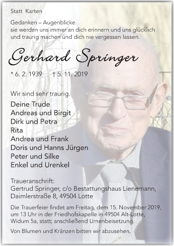 Traueranzeige von Gerhard Springer von Neue Osnabrücker Zeitung GmbH & Co. KG