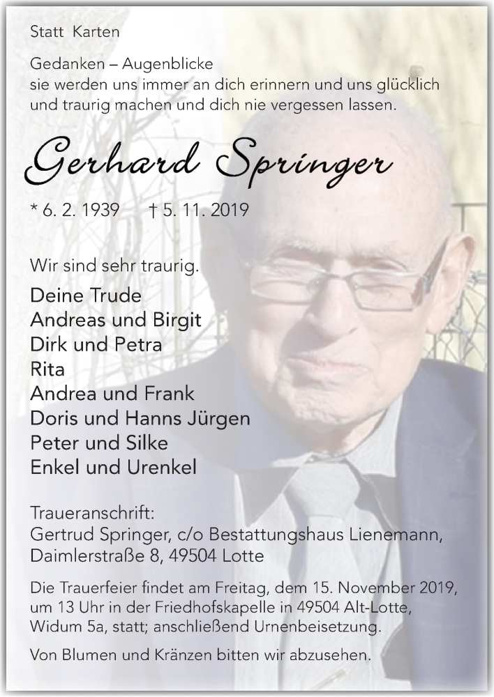  Traueranzeige für Gerhard Springer vom 09.11.2019 aus Neue Osnabrücker Zeitung GmbH & Co. KG
