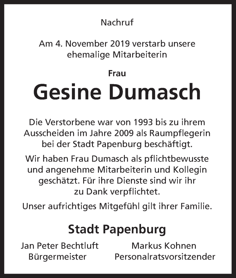  Traueranzeige für Gesine Dumasch vom 12.11.2019 aus Neue Osnabrücker Zeitung GmbH & Co. KG