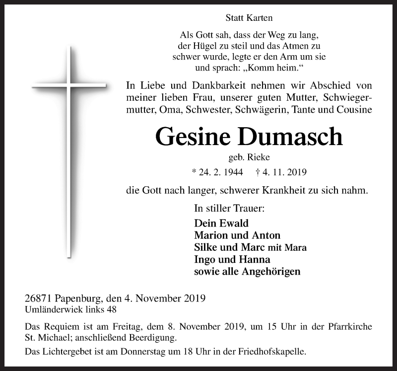  Traueranzeige für Gesine Dumasch vom 07.11.2019 aus Neue Osnabrücker Zeitung GmbH & Co. KG