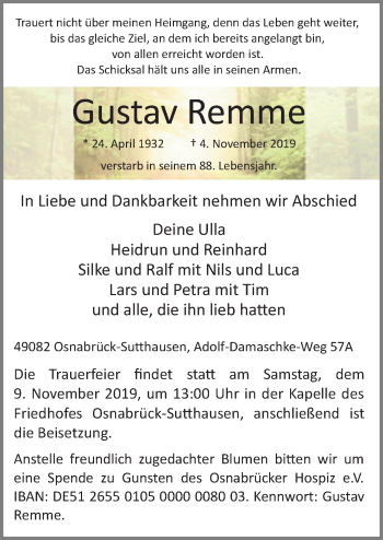 Traueranzeige von Gustav Remme von Neue Osnabrücker Zeitung GmbH & Co. KG