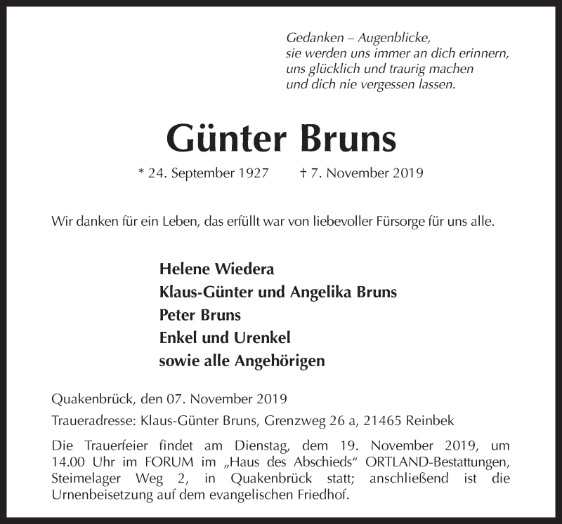  Traueranzeige für Günter Bruns vom 13.11.2019 aus Neue Osnabrücker Zeitung GmbH & Co. KG