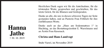 Traueranzeige von Hanna Jathe von Neue Osnabrücker Zeitung GmbH & Co. KG