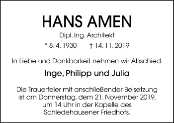 Traueranzeige von Hans Amen von Neue Osnabrücker Zeitung GmbH & Co. KG