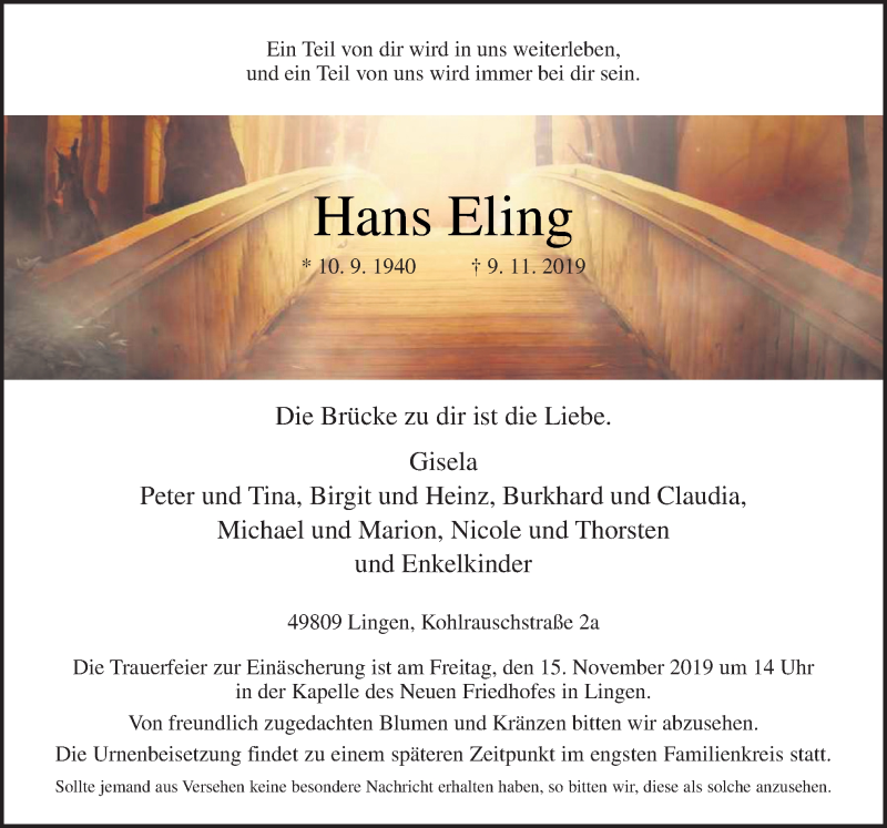  Traueranzeige für Hans Eling vom 13.11.2019 aus Neue Osnabrücker Zeitung GmbH & Co. KG