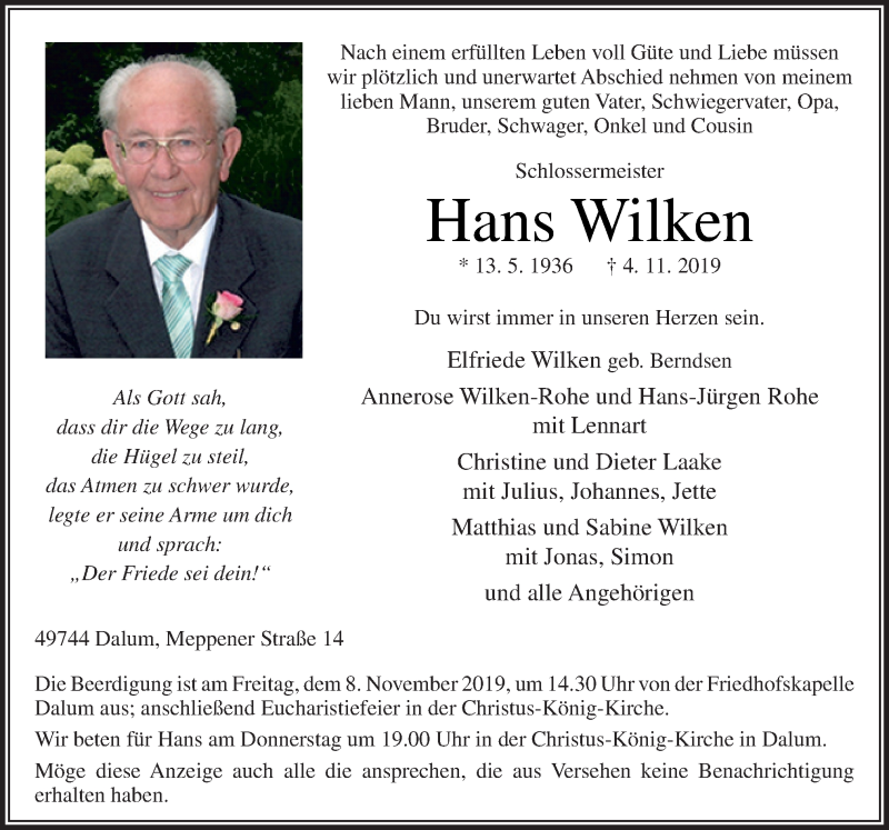  Traueranzeige für Hans Wilken vom 06.11.2019 aus Neue Osnabrücker Zeitung GmbH & Co. KG