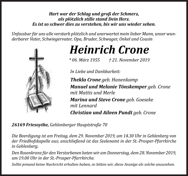  Traueranzeige für Heinrich Crone vom 26.11.2019 aus Neue Osnabrücker Zeitung GmbH & Co. KG