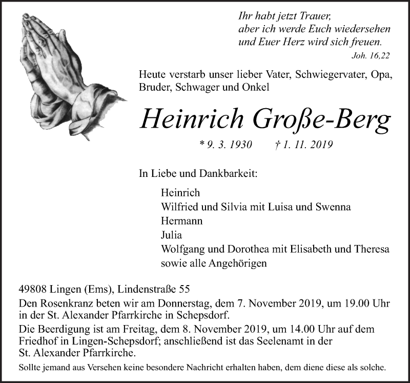  Traueranzeige für Heinrich Große-Berg vom 04.11.2019 aus Neue Osnabrücker Zeitung GmbH & Co. KG