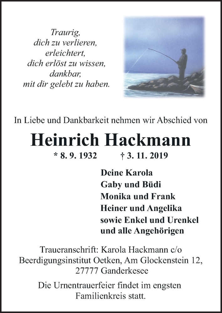  Traueranzeige für Heinrich Hackmann vom 09.11.2019 aus Neue Osnabrücker Zeitung GmbH & Co. KG
