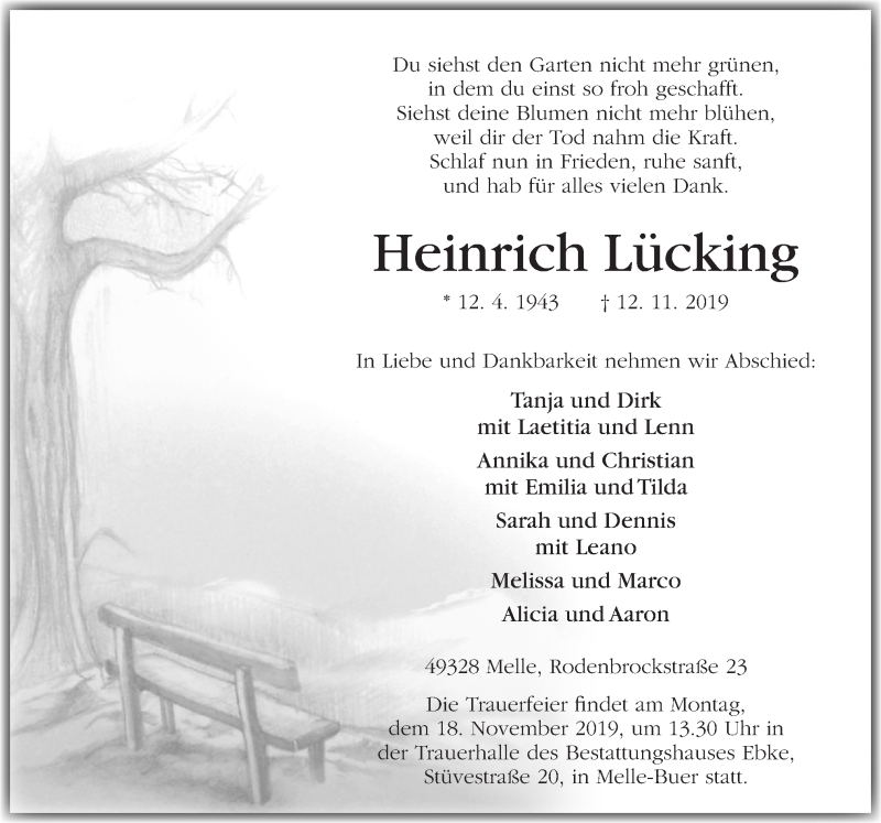  Traueranzeige für Heinrich Lücking vom 15.11.2019 aus Neue Osnabrücker Zeitung GmbH & Co. KG