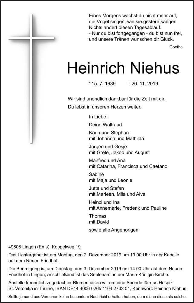  Traueranzeige für Heinrich Niehus vom 30.11.2019 aus Neue Osnabrücker Zeitung GmbH & Co. KG