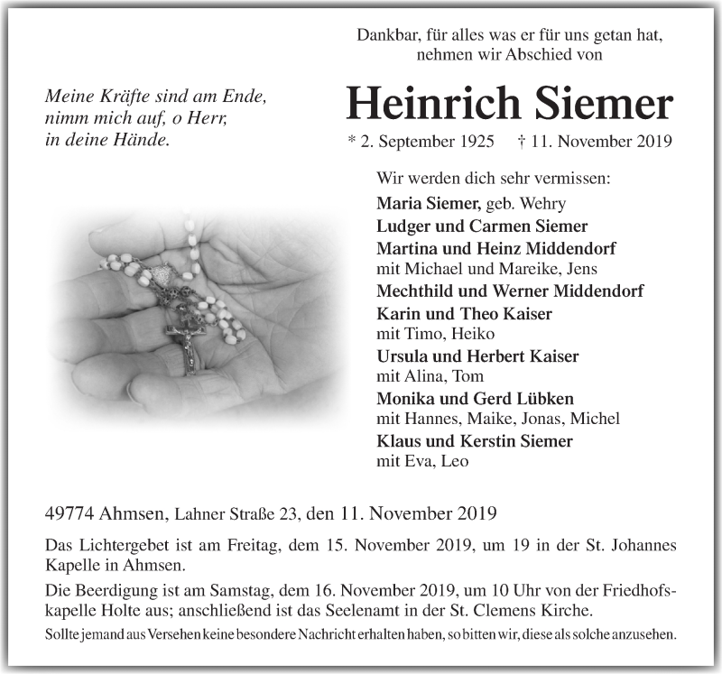  Traueranzeige für Heinrich Siemer vom 14.11.2019 aus Neue Osnabrücker Zeitung GmbH & Co. KG