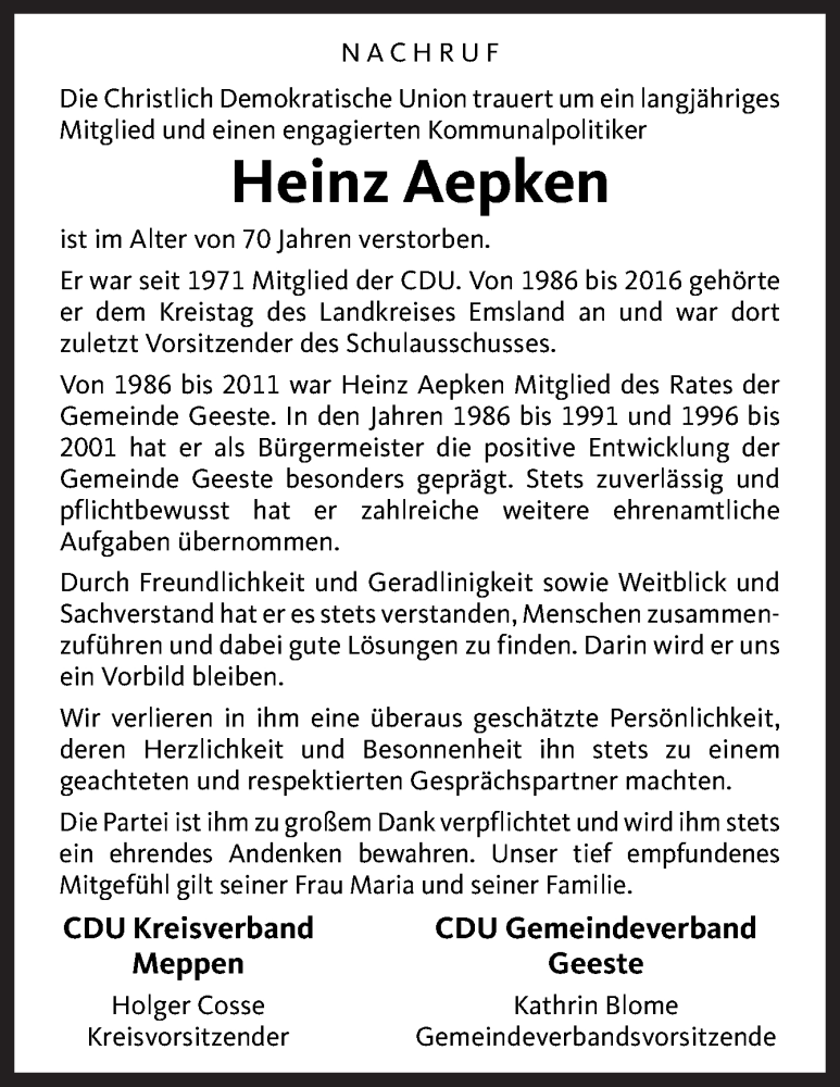  Traueranzeige für Heinz Aepken vom 01.11.2019 aus Neue Osnabrücker Zeitung GmbH & Co. KG