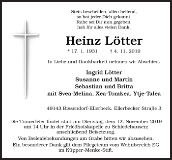 Traueranzeige von Heinz Lötter von Neue Osnabrücker Zeitung GmbH & Co. KG