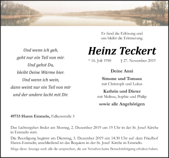 Traueranzeige von Heinz Teckert von Neue Osnabrücker Zeitung GmbH & Co. KG