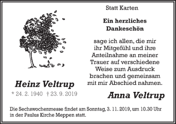 Traueranzeige von Heinz Veltrup von Neue Osnabrücker Zeitung GmbH & Co. KG