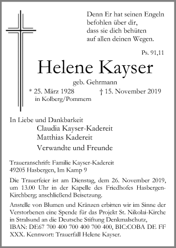 Traueranzeige von Helene Kayser von Neue Osnabrücker Zeitung GmbH & Co. KG