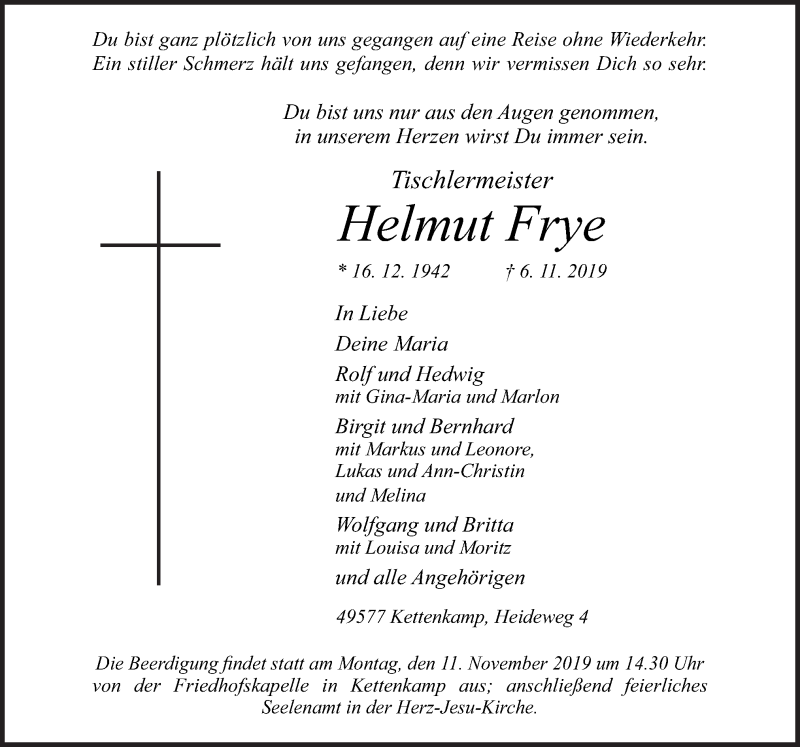  Traueranzeige für Helmut Frye vom 09.11.2019 aus Neue Osnabrücker Zeitung GmbH & Co. KG