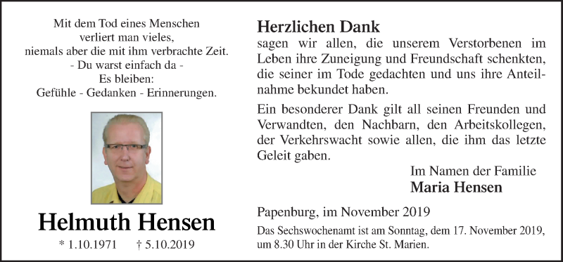  Traueranzeige für Helmuth Hensen vom 14.11.2019 aus Neue Osnabrücker Zeitung GmbH & Co. KG