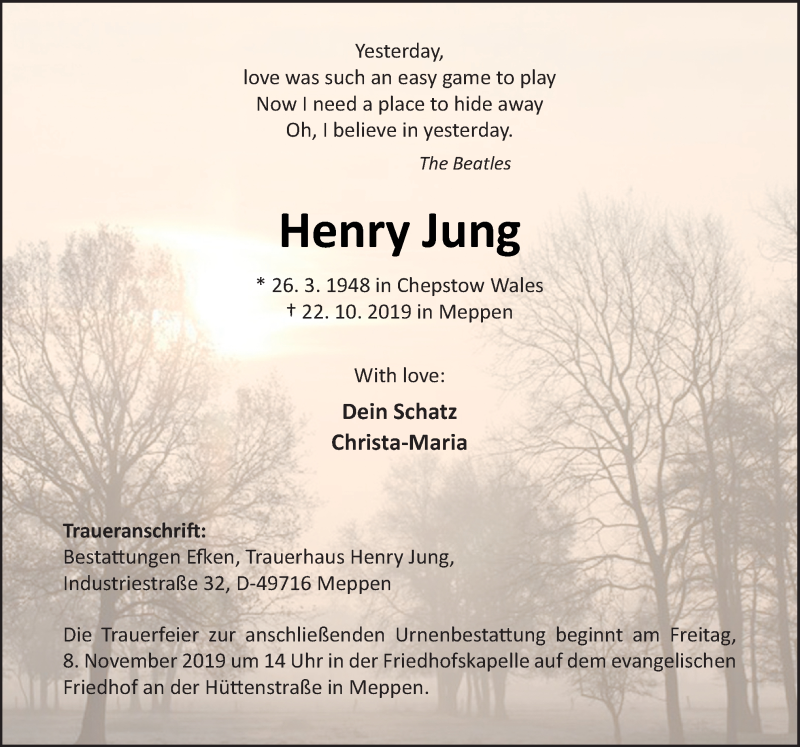  Traueranzeige für Henry Jung vom 02.11.2019 aus Neue Osnabrücker Zeitung GmbH & Co. KG