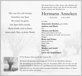 Traueranzeige von Hermann Anneken von Neue Osnabrücker Zeitung GmbH & Co. KG
