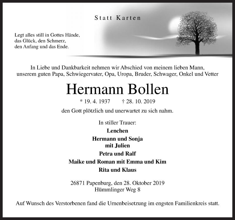  Traueranzeige für Hermann Bollen vom 08.11.2019 aus Neue Osnabrücker Zeitung GmbH & Co. KG