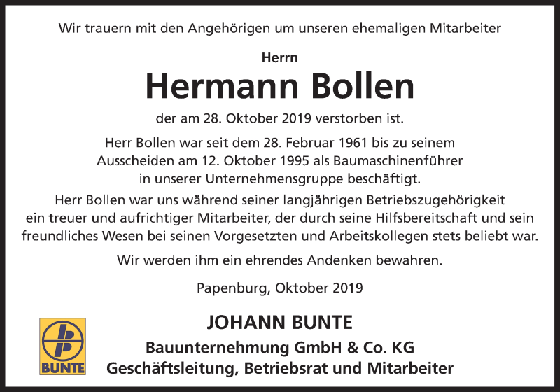  Traueranzeige für Hermann Bollen vom 08.11.2019 aus Neue Osnabrücker Zeitung GmbH & Co. KG