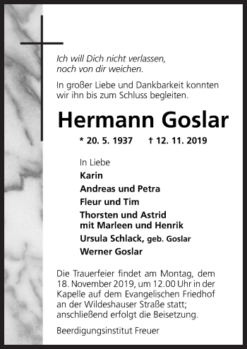 Traueranzeige von Hermann Goslar von Neue Osnabrücker Zeitung GmbH & Co. KG