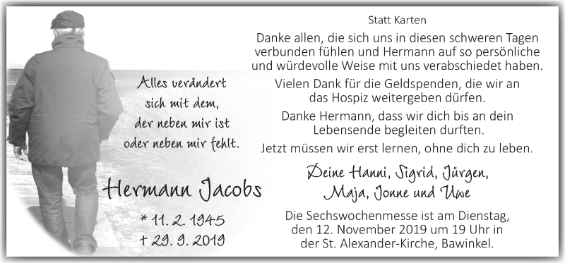  Traueranzeige für Hermann Jacobs vom 09.11.2019 aus Neue Osnabrücker Zeitung GmbH & Co. KG
