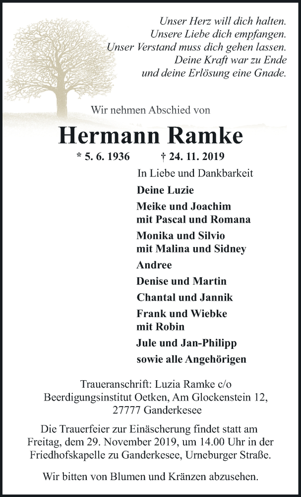  Traueranzeige für Hermann Ramke vom 26.11.2019 aus Neue Osnabrücker Zeitung GmbH & Co. KG