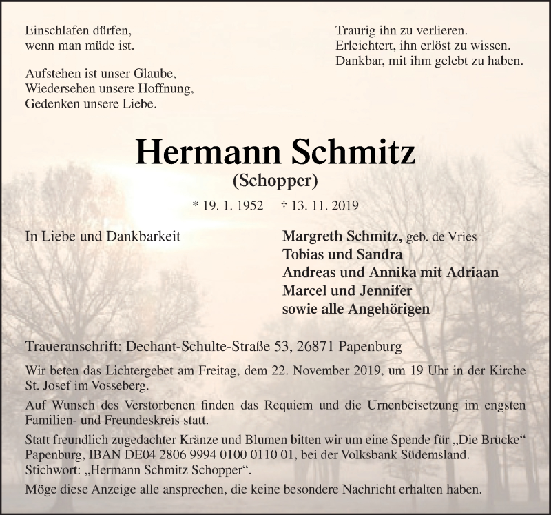  Traueranzeige für Hermann Schmitz vom 16.11.2019 aus Neue Osnabrücker Zeitung GmbH & Co. KG