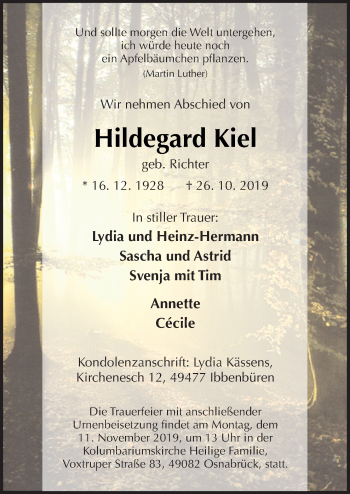 Traueranzeige von Hildegard Kiel von Neue Osnabrücker Zeitung GmbH & Co. KG