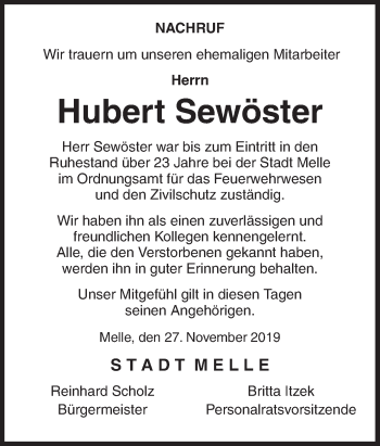 Traueranzeige von Hubert Sewöster von Neue Osnabrücker Zeitung GmbH & Co. KG