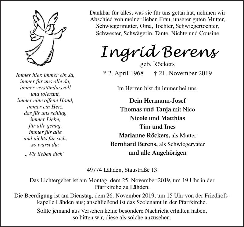  Traueranzeige für Ingrid Berens vom 23.11.2019 aus Neue Osnabrücker Zeitung GmbH & Co. KG