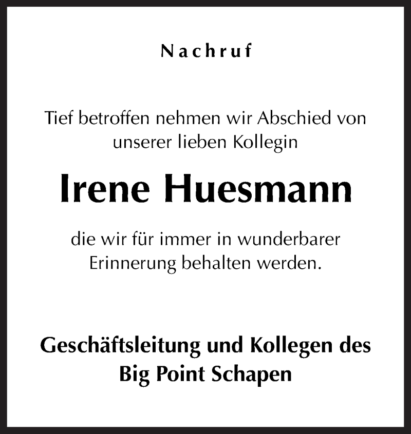  Traueranzeige für Irene Huesmann vom 01.11.2019 aus Neue Osnabrücker Zeitung GmbH & Co. KG