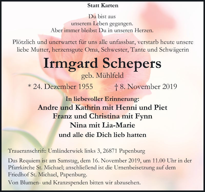  Traueranzeige für Irmgard Schepers vom 13.11.2019 aus Neue Osnabrücker Zeitung GmbH & Co. KG