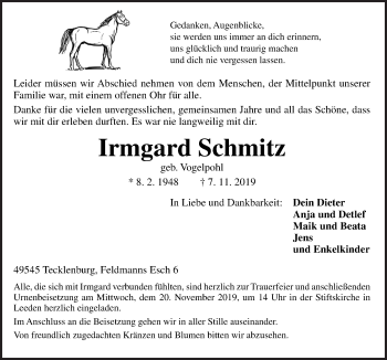 Traueranzeige von Irmgard Schmitz von Neue Osnabrücker Zeitung GmbH & Co. KG