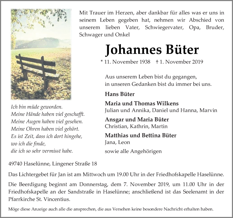  Traueranzeige für Johannes Büter vom 04.11.2019 aus Neue Osnabrücker Zeitung GmbH & Co. KG