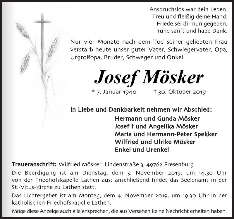  Traueranzeige für Josef Mösker vom 02.11.2019 aus Neue Osnabrücker Zeitung GmbH & Co. KG