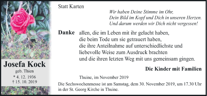  Traueranzeige für Josefa Kock vom 27.11.2019 aus Neue Osnabrücker Zeitung GmbH & Co. KG