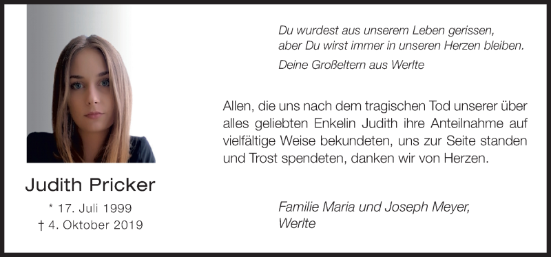  Traueranzeige für Judith Pricker vom 20.11.2019 aus Neue Osnabrücker Zeitung GmbH & Co. KG