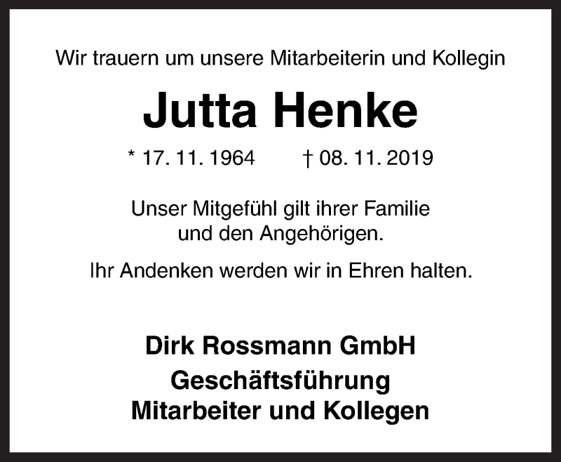  Traueranzeige für Jutta Henke vom 22.11.2019 aus Neue Osnabrücker Zeitung GmbH & Co. KG