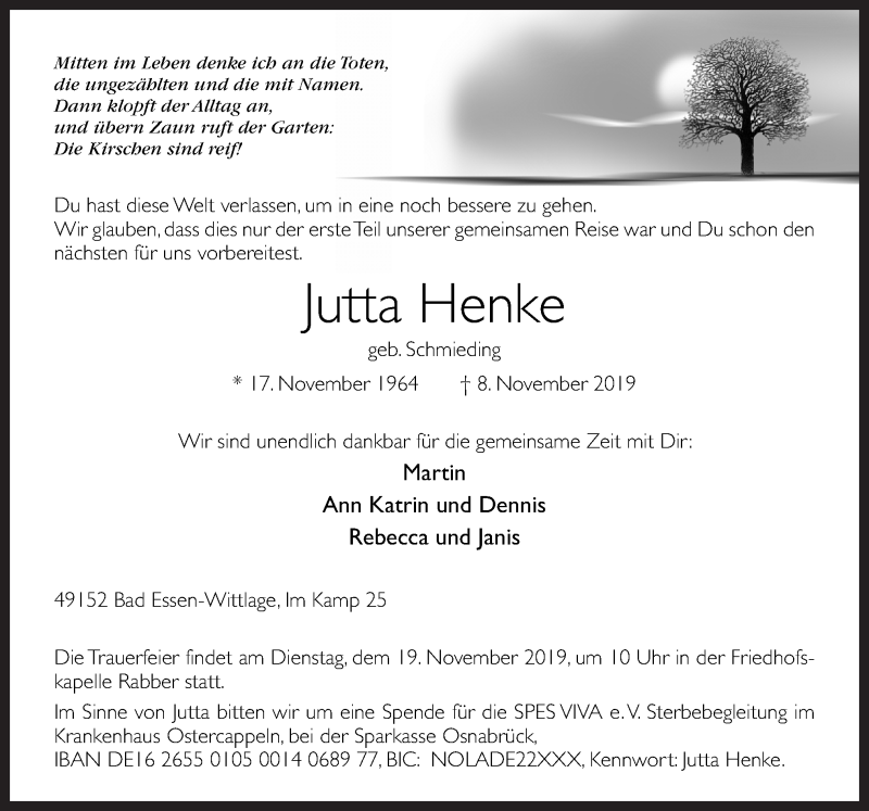  Traueranzeige für Jutta Henke vom 12.11.2019 aus Neue Osnabrücker Zeitung GmbH & Co. KG