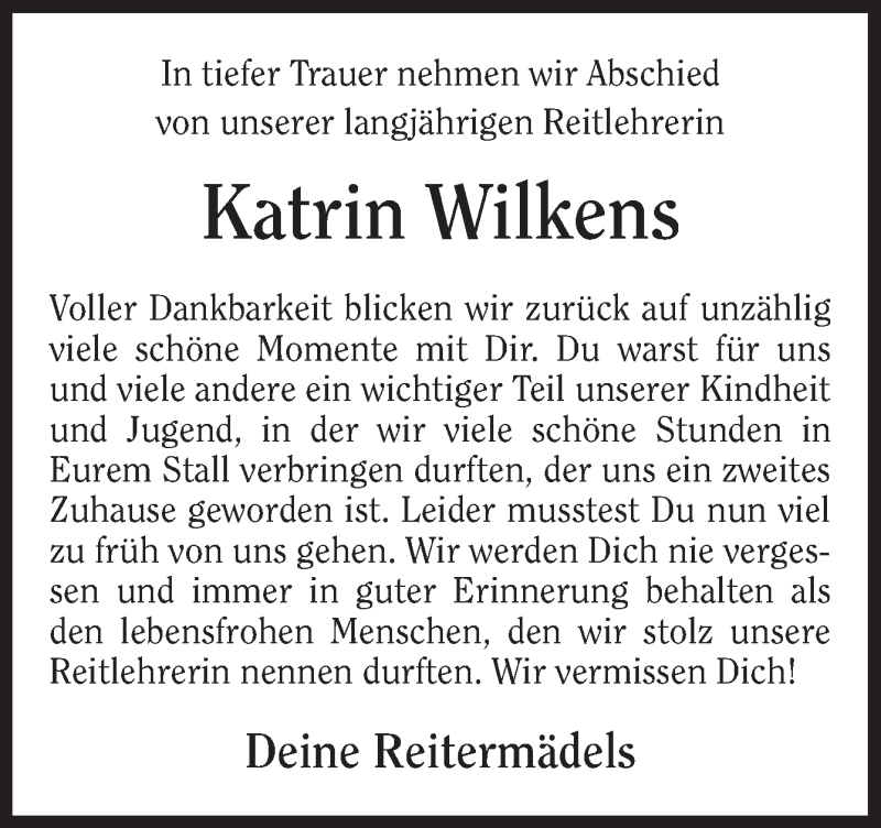  Traueranzeige für Katrin Wilkens vom 06.11.2019 aus Neue Osnabrücker Zeitung GmbH & Co. KG