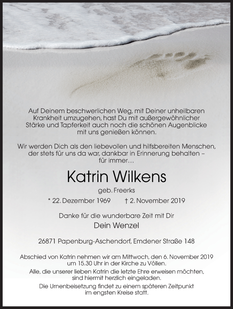  Traueranzeige für Katrin Wilkens vom 04.11.2019 aus Neue Osnabrücker Zeitung GmbH & Co. KG
