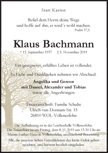 Traueranzeige von Klaus Bachmann von Neue Osnabrücker Zeitung GmbH & Co. KG