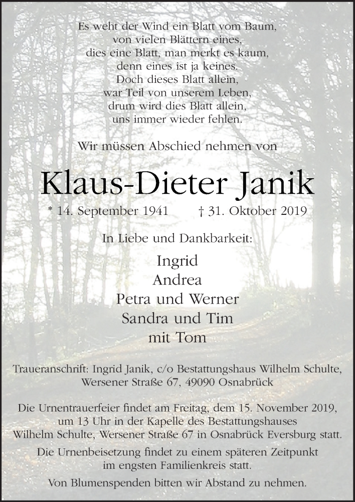  Traueranzeige für Klaus-Dieter Janik vom 09.11.2019 aus Neue Osnabrücker Zeitung GmbH & Co. KG