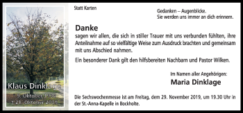 Traueranzeige von Klaus Dinklage von Neue Osnabrücker Zeitung GmbH & Co. KG