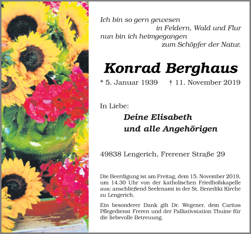  Traueranzeige für Konrad Berghaus vom 13.11.2019 aus Neue Osnabrücker Zeitung GmbH & Co. KG