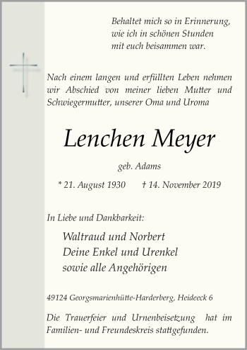 Traueranzeige von Lenchen Meyer von Neue Osnabrücker Zeitung GmbH & Co. KG